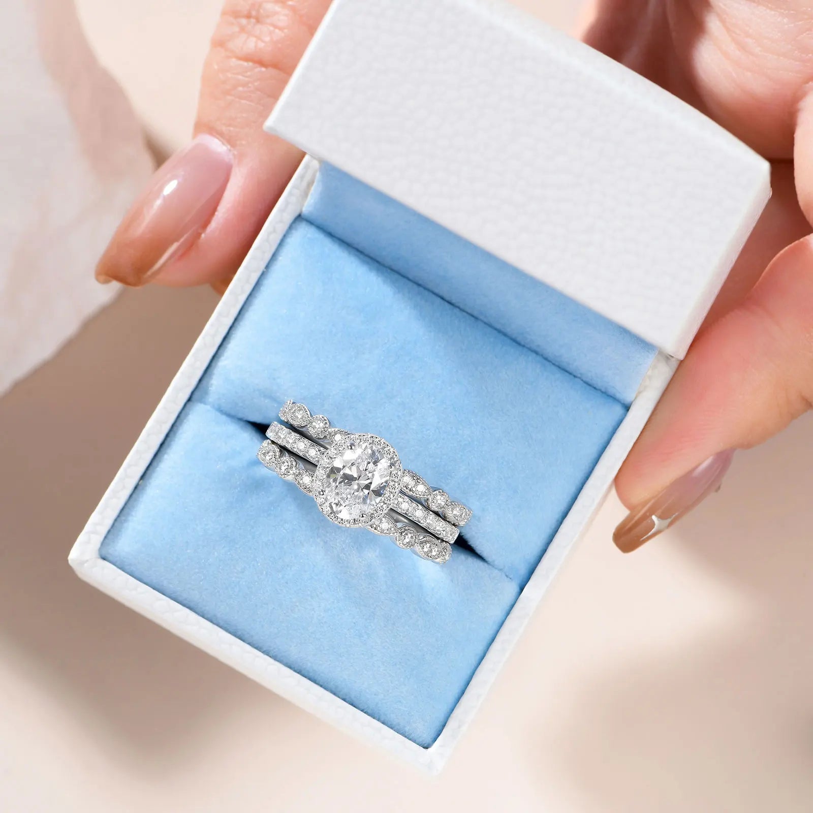 Newshe 3 Pieces Wedding Engagement Rings Set for Women 925 Sterling Silver Jewelry Art Deco Bands Oval AAAAA Cubic Zircon Ring