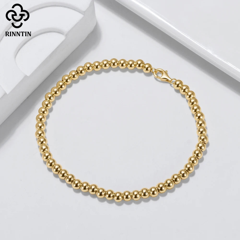 Rinntin 925 Sterling Silver 4mm Bead Ball Strand Chain Bracelet for Women Men Trendy Handmade Bracelets on Hand Jewelry  SB103