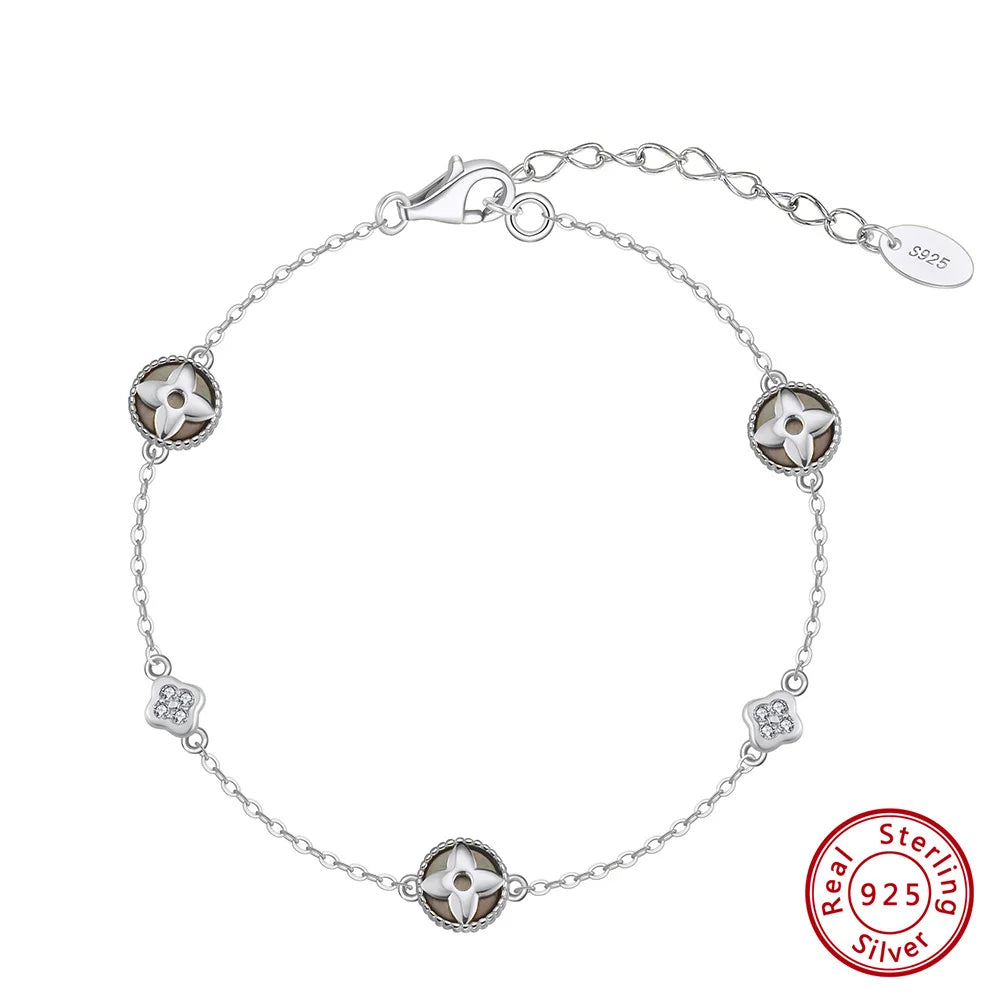 Rinntin 925 Sterling Silver Shell 14K Gold Four Leaf Clover Bracelet Waterproof Flower Bracelets Jewelry for Women Girls Gift