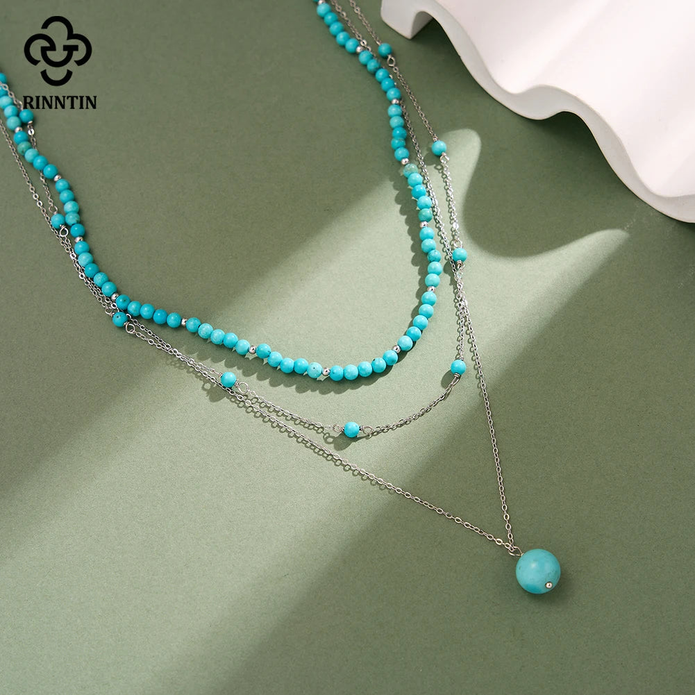 Rinntin 925 Sterling Silver Boho Layered Choker Necklace with Natural Turquoise for Women Summer Sexy Jewelry Accessorry BQN33