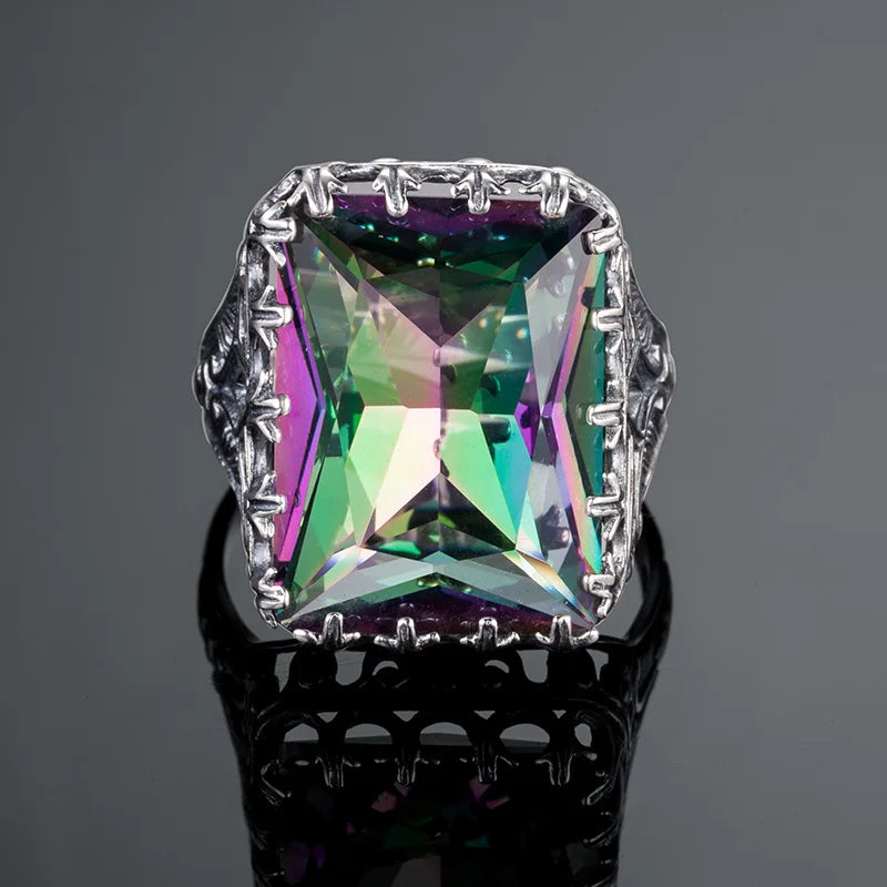 Kpop Ring For Women Real 925 Sterling Silver Punk Ring Mystic Rainbow Topaz Gemstones Wide Large Vintage Silver Jewelry