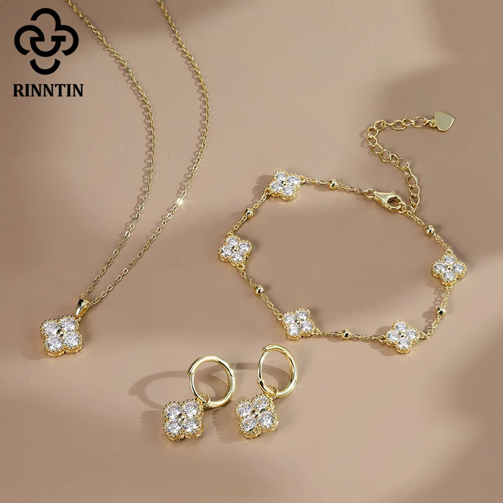 Rinntin 925 Sterling Silver Dainty Clover Bracelet Certified D Color Moissanite Bracelet Women Jewelry Flower Chain Gift SMOB04