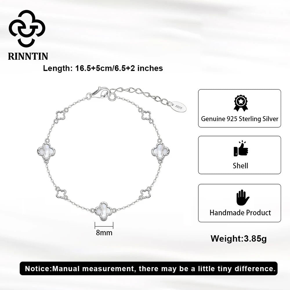 Rinntin Classic 925 Silver Four Leaf Clover Bracelet Hollow Clover Shaped Fashion for Women Girls Bracelet Birthday Gift GMB68