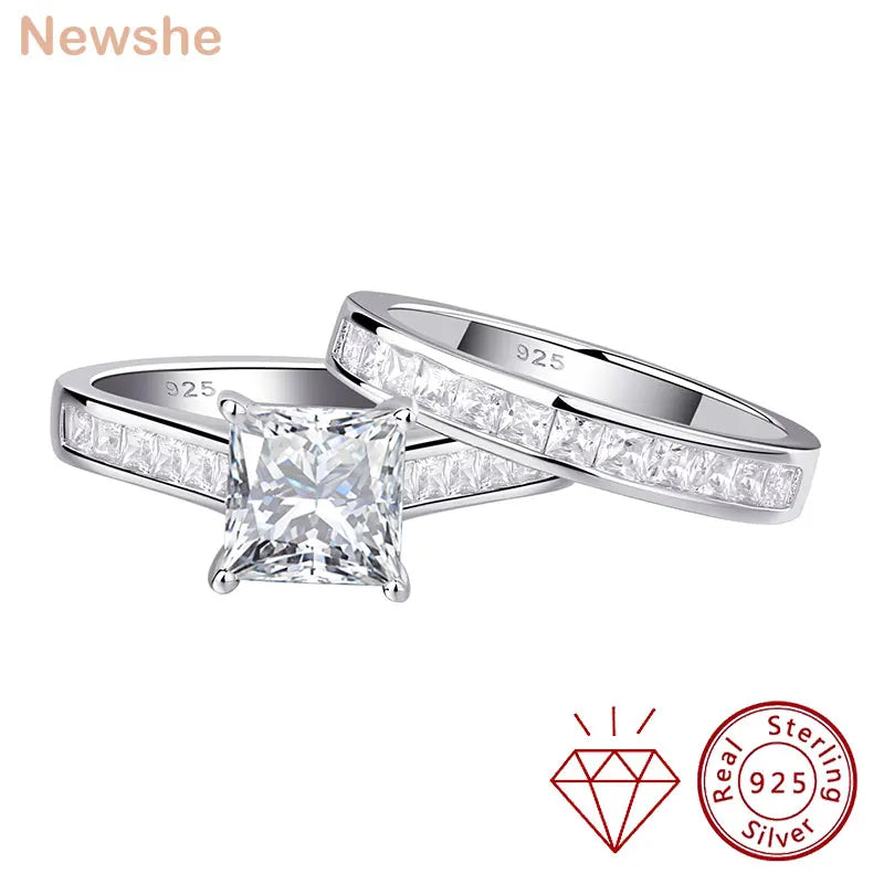 Newshe Certified Moissanite Rings Set for Women 7*7mm Princess Cut 925 Sterling Silver Quality Wedding Jewelry