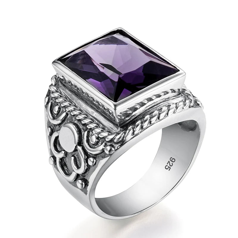 Massive 925 Sterling Silver Thick Men's Rings Amethyst Vintage Art Deco Revival Vintage Male Jewelry Party Gift For Husband