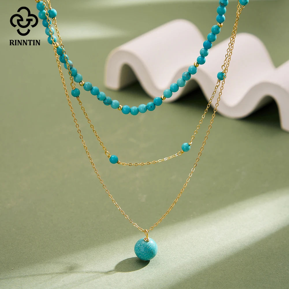 Rinntin 925 Sterling Silver Boho Layered Choker Necklace with Natural Turquoise for Women Summer Sexy Jewelry Accessorry BQN33