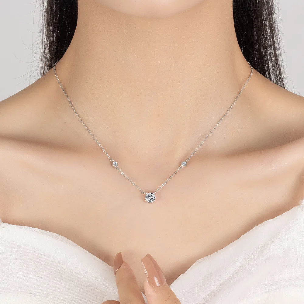 1CT Brilliant cut Moissanite Necklace for Women Solitaire Pendant Luxury Female Neck Chain 925 Sterling Silver 100%