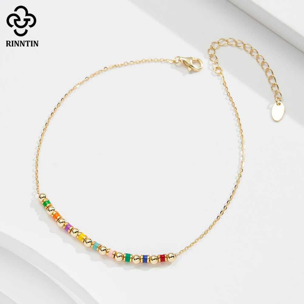 Rinntin Elegant 925 Sterling Silver Colorful Chain Anklet with Bead Zircon for Women Summer Foot Chains Jewelry SA94