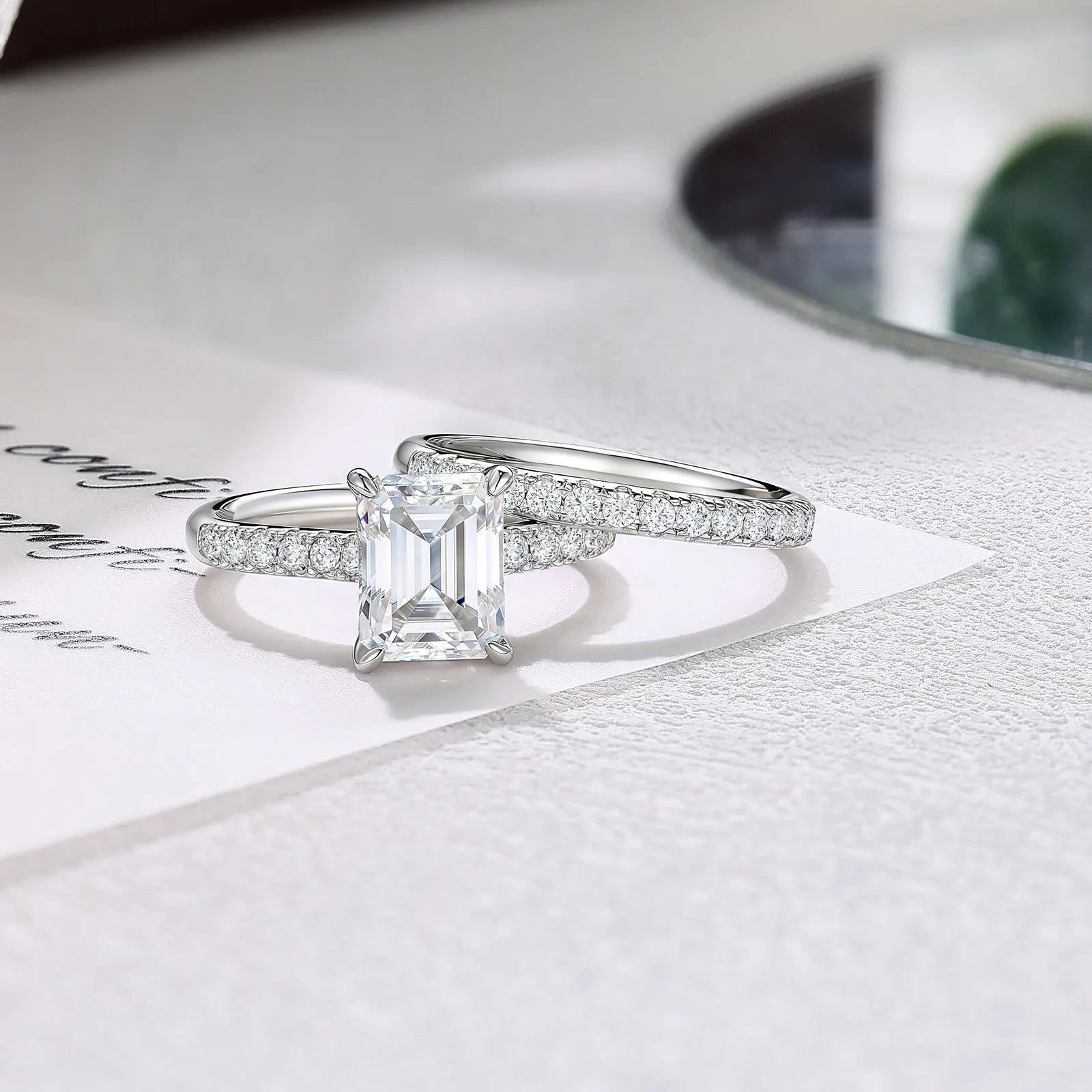 Newshe GRA Certified Moissanite Rings Set for Women D color VVS1 Emerald Cut White Gold Plated Engagement Ring Wedding Band