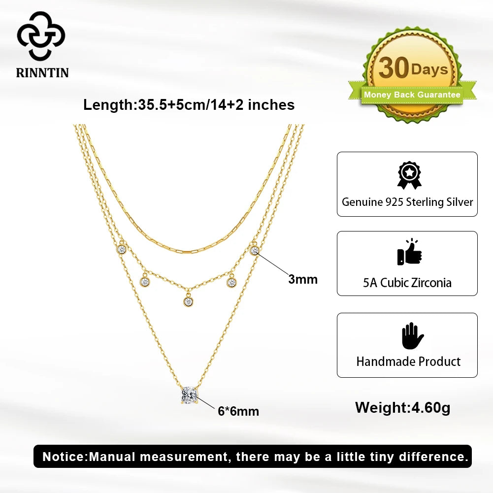 Rinntin Luxury 925 Sterling Silver Layered Choker Necklace for Women Brilliant Summer Necklace Party Jewelry Accessorry BQN43