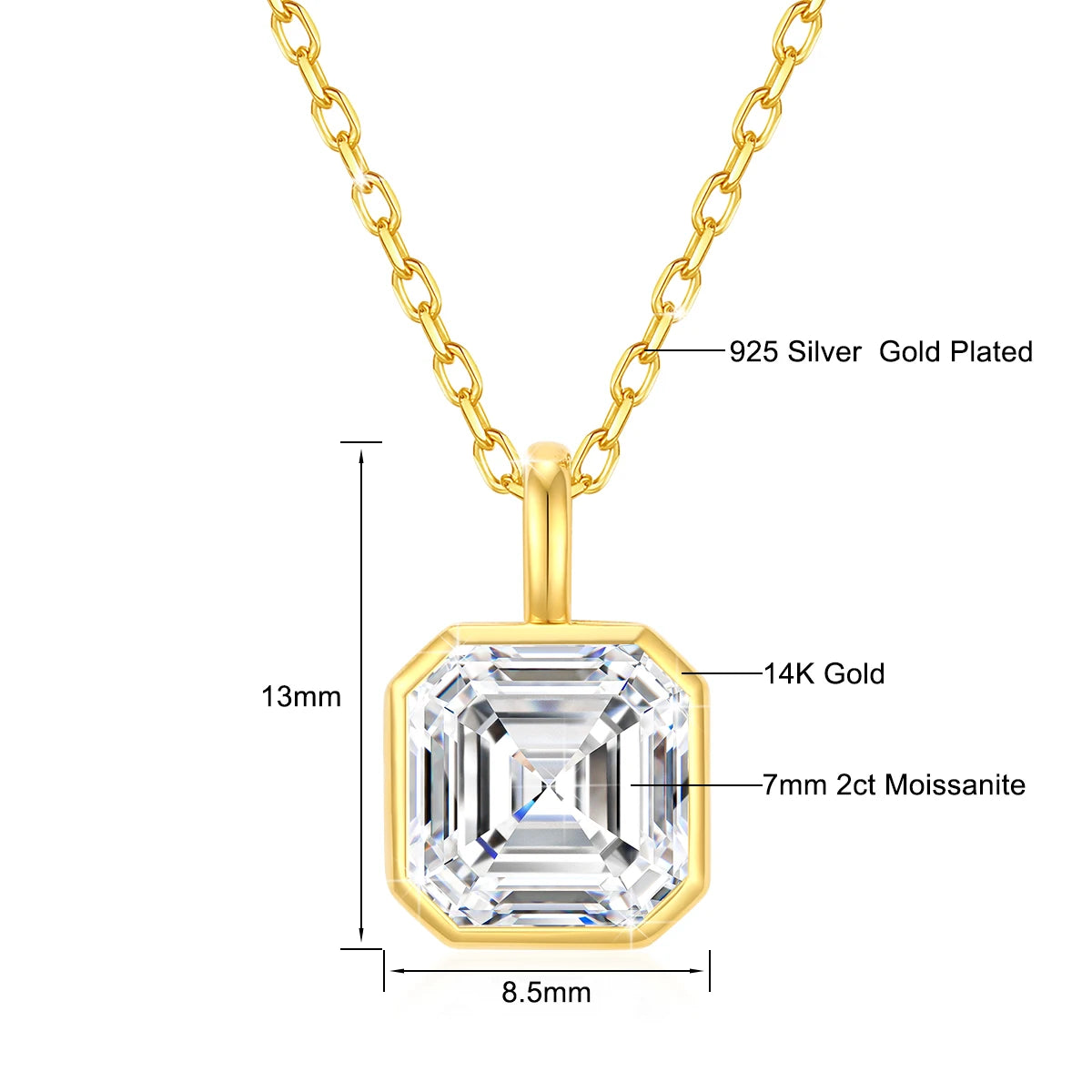 Unique Original 14K Gold Necklaces for Women Sugar Cube Asscher Cut 2ct Moissanite Diamond Stone AU585 Pendant Anniversary Gifts