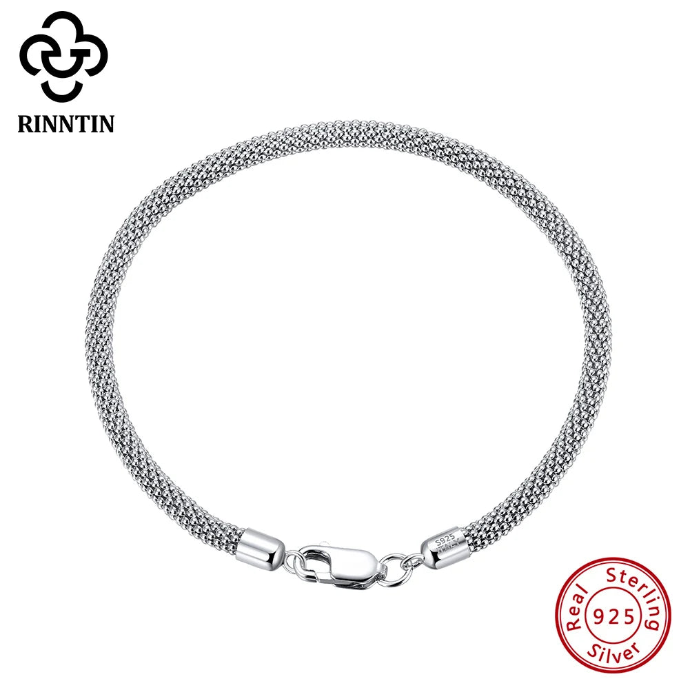 Rinntin Italian 925 Sterling Silver 3.0mm Mesh Popcorn Chain Bracelet for Women Jewelry Female Dating Trendy Accessories TSB65