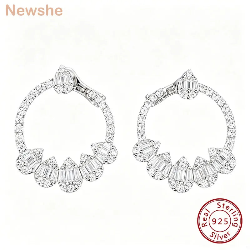 Newshe Solid 925 Sterling Silver Hoop Earrings for Women Water Drop AAAAA Cubic Zircon Designer Luxury Jewelry