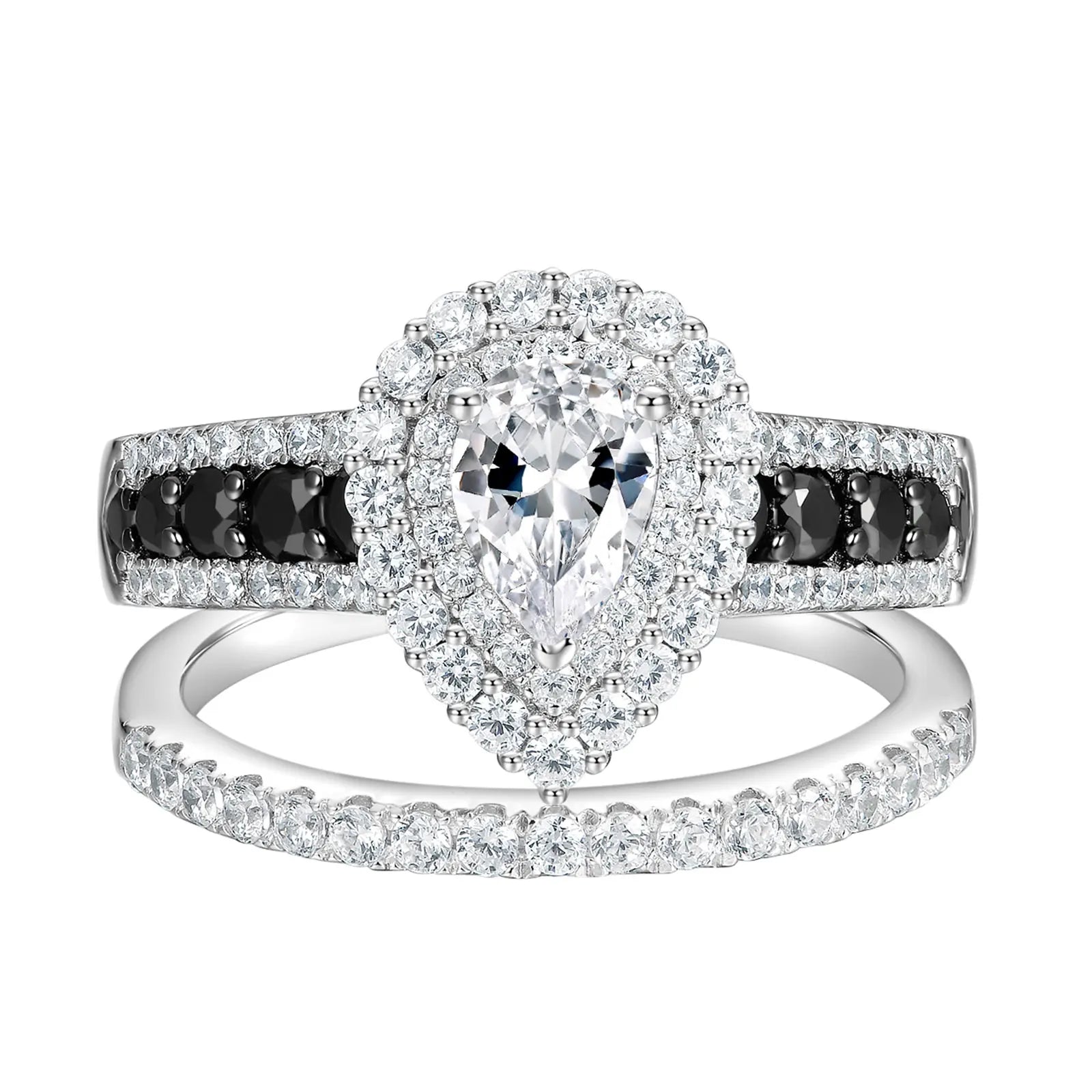 Newshe Pear Shaped Black White Engagement Ring Wedding Band for Women 2 Pieces Set 925 Silver Cubic Zircons Bridal Jewelry