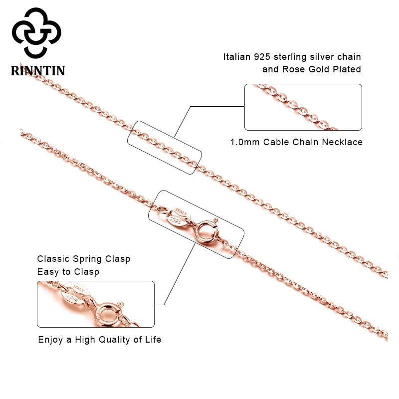 Rinntin Rose Gold 925 Sterling Silver Fashion Cable Link Chains Necklace for Women Thin Neck Chain Accessories Jewelry SC06