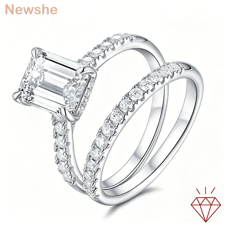 Newshe GRA Certified Moissanite Rings Set for Women D color VVS1 Emerald Cut White Gold Plated Engagement Ring Wedding Band