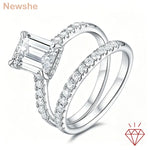 Newshe GRA Certified Moissanite Rings Set for Women D color VVS1 Emerald Cut White Gold Plated Engagement Ring Wedding Band