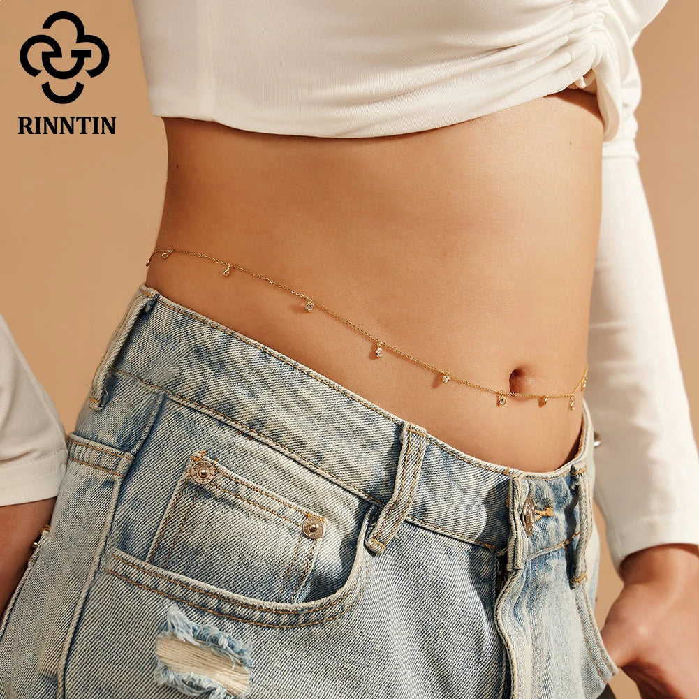 Rinntin Small Zirconia Pendants Waist Chain for Women Minimalist Sexy 925 Silver Link Chain Belly Chain Beach Jewelry CW01