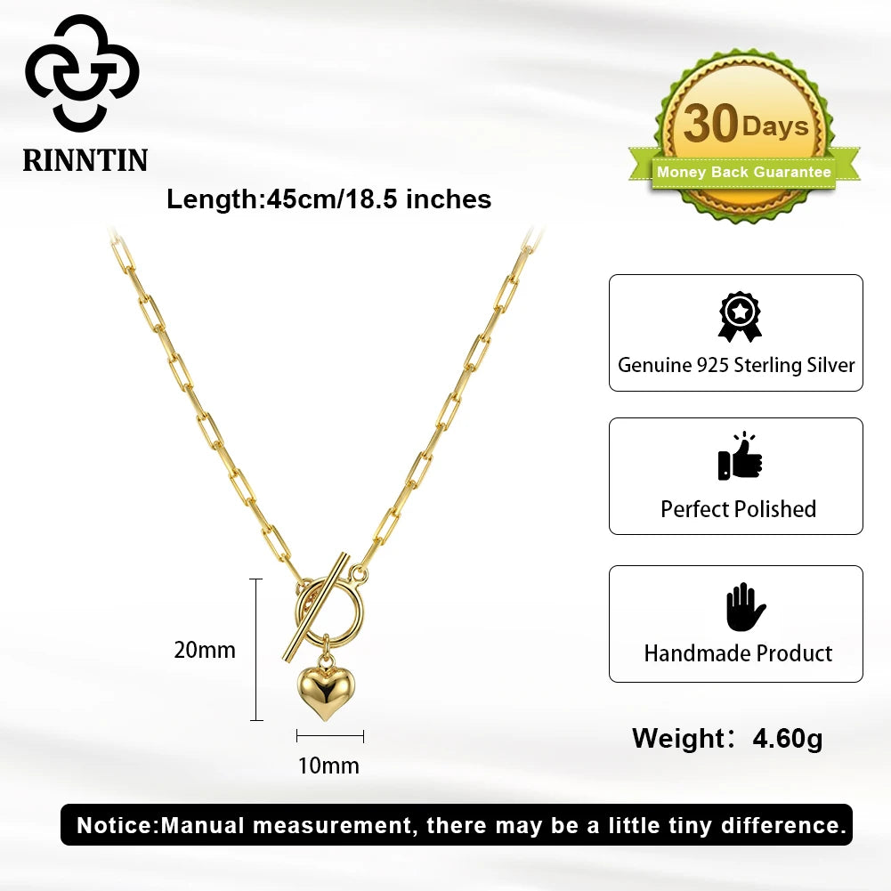 Rinntin 925 Sterling Silver 14K Gold Heart Pendant Necklace for Women Elegant Fine Jewelry Necklace with OT Toggle Clasp SC97