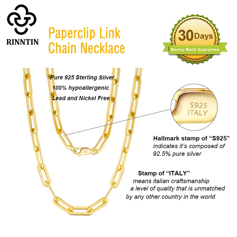 Rinntin Diamond Cut Paper Clip Necklace S925 Sterling Silver 14K 18K Gold Plated Stacked Necklaces PaperClip Collar Chain SC39