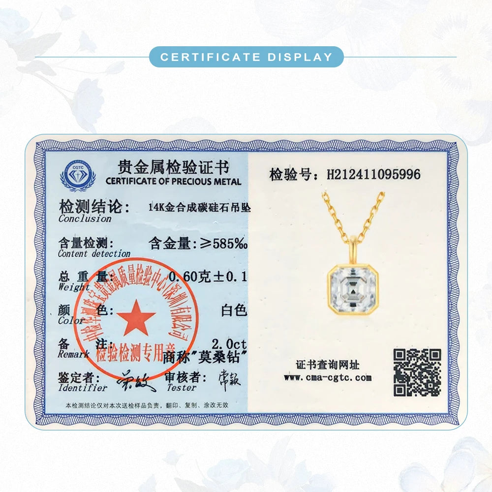 Unique Original 14K Gold Necklaces for Women Sugar Cube Asscher Cut 2ct Moissanite Diamond Stone AU585 Pendant Anniversary Gifts