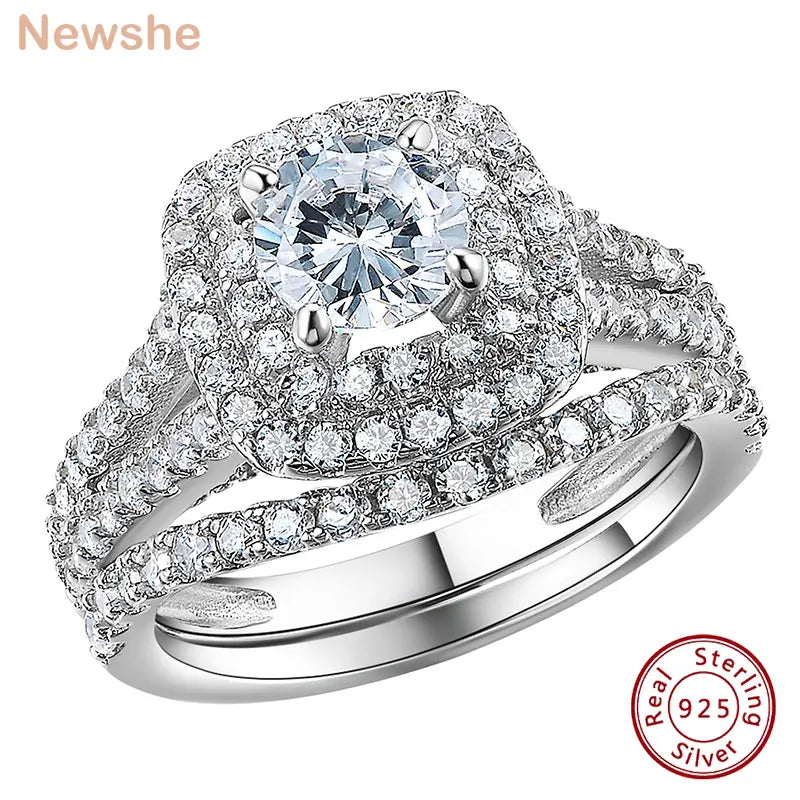 Newshe 2 Pcs 925 Silver Wedding Rings for Women Bridal Jewelry Halo Round Cut Cubic Zircons Victorian Style Engagement Ring