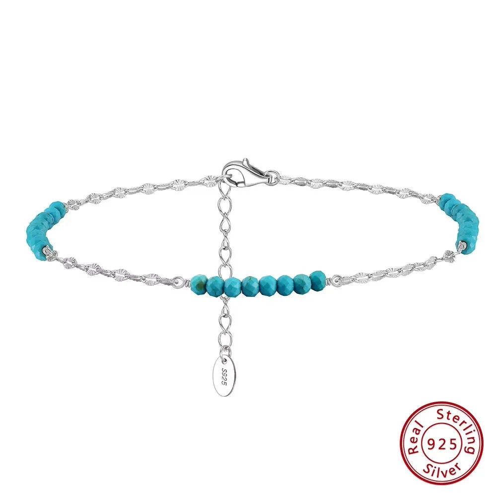 Rinntin 925 Sterling Silver Natural Turquoise Anklet with Butterfly Chain for Women Dainty Vintage Straps Jewelry SA85