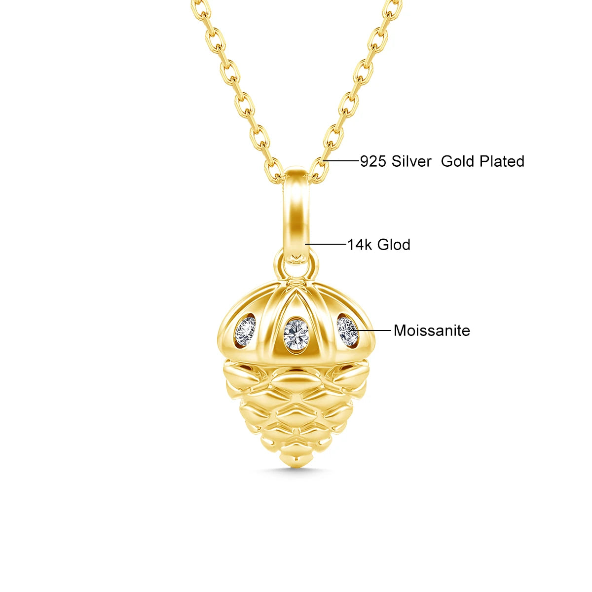 Recommend Lucky Acorn 14K Gold Pendant with Sterling Silver Chain Necklace for Women 3 Moissanite Stones Christmas Party Gifts