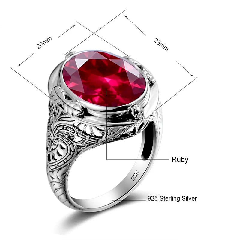 Genuine 925 Sterling Silver 14*18mm Oval Created Ruby Ring For Women Vintage Punk Birthday Stone Wedding Party Fashion Jewellery