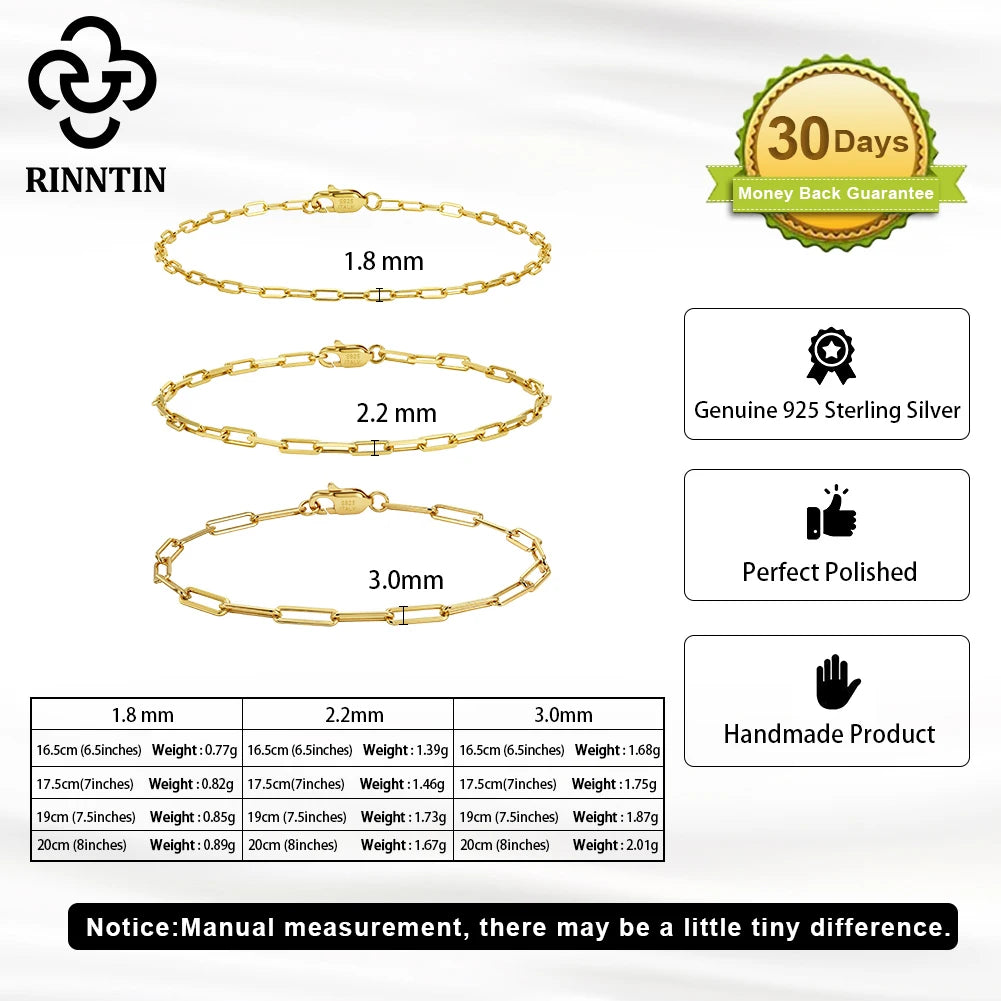 Rinntin Genuine 925 Sterling Silver Italian Paperclip Link Chain Bracelet for Women Trendy Silver Hand Bracelet Jewelry SB218