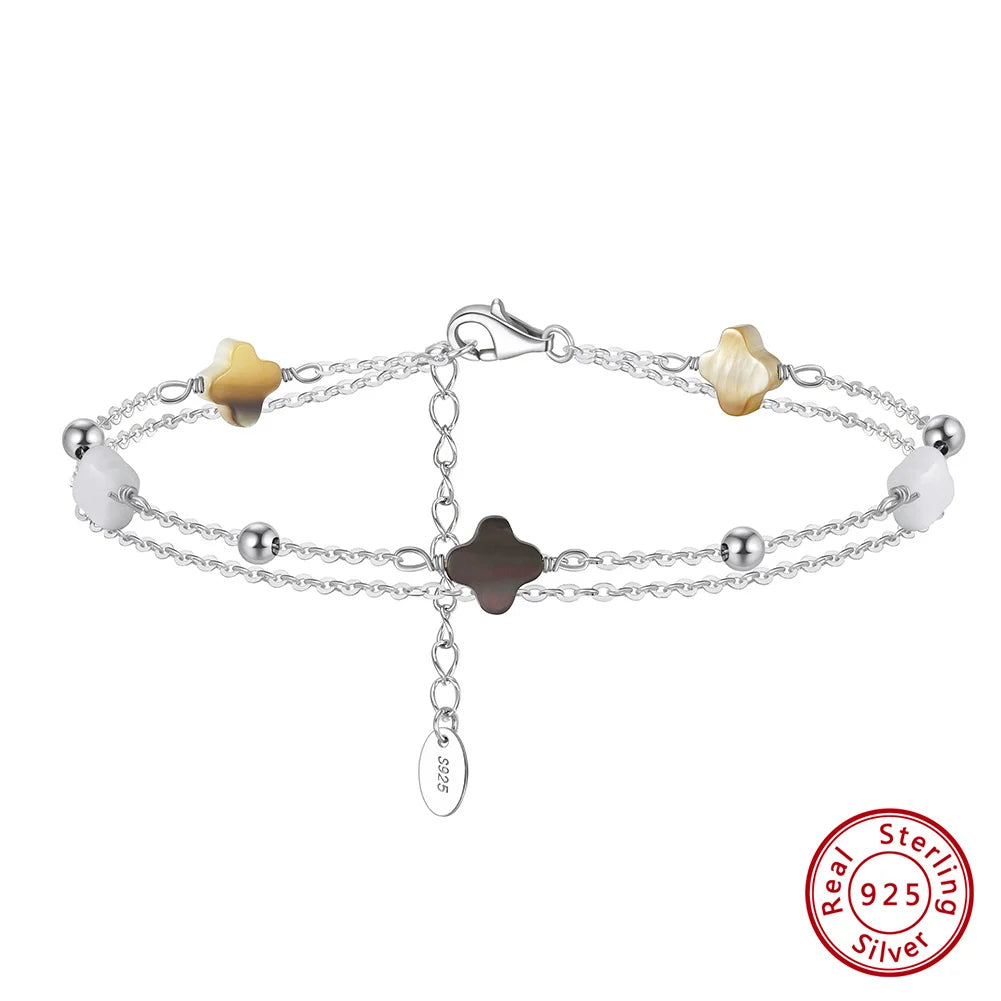 Rinntin 925 Sterling Silver Shell 14K Gold Four Leaf Clover Bracelet Waterproof Flower Bracelets Jewelry for Women Girls Gift