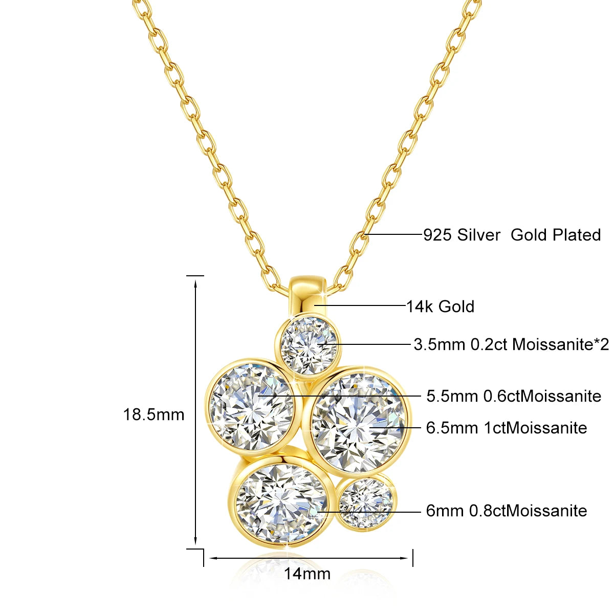 Real Gold 14k Pendants Original Jewelry 5pcs 2.8ct Round Moissanite Diamond Necklace For Women Casual Party Fine Jewelry