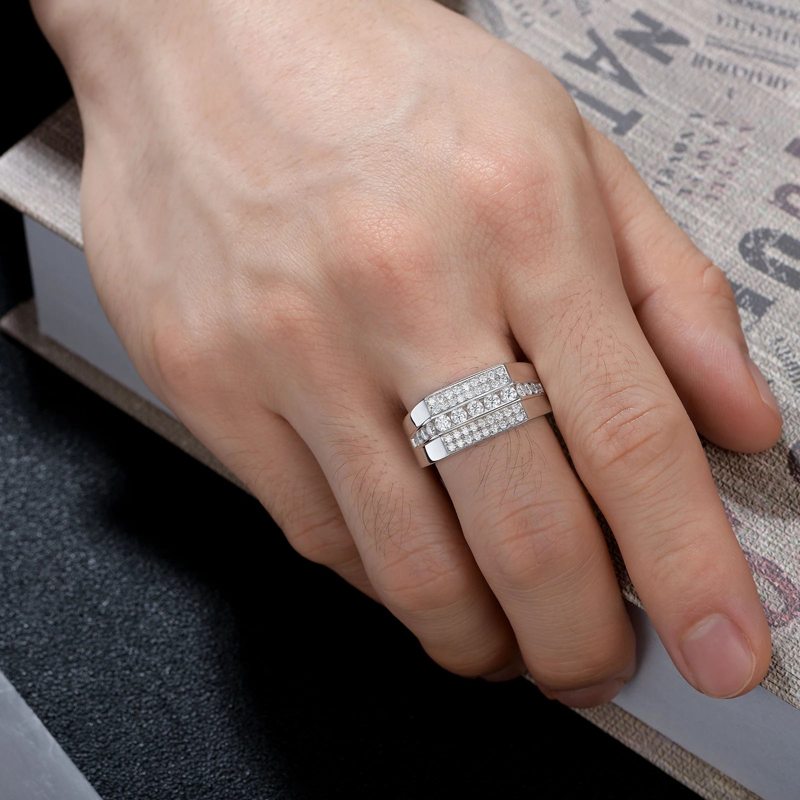 Newshe GRA Certified Full Moissanite Rings for Men Designed Wedding Band White Gold Plated Jewelry