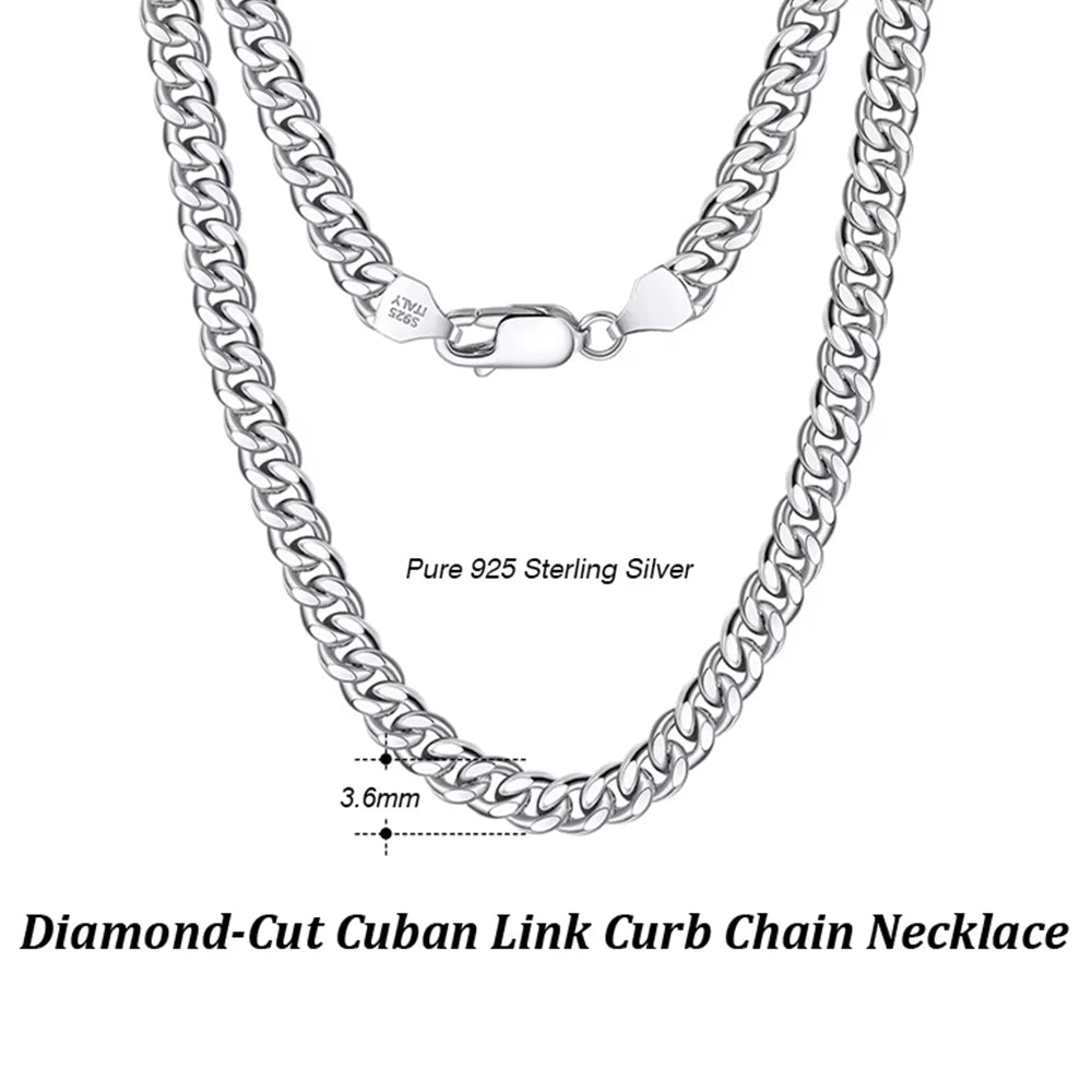 Rinntin Italian 925 Sterling Silver 3.6mm Diamond-Cut Cuban Link Chain Necklace for Women Men Silver Neck Chain Jewelry SC36