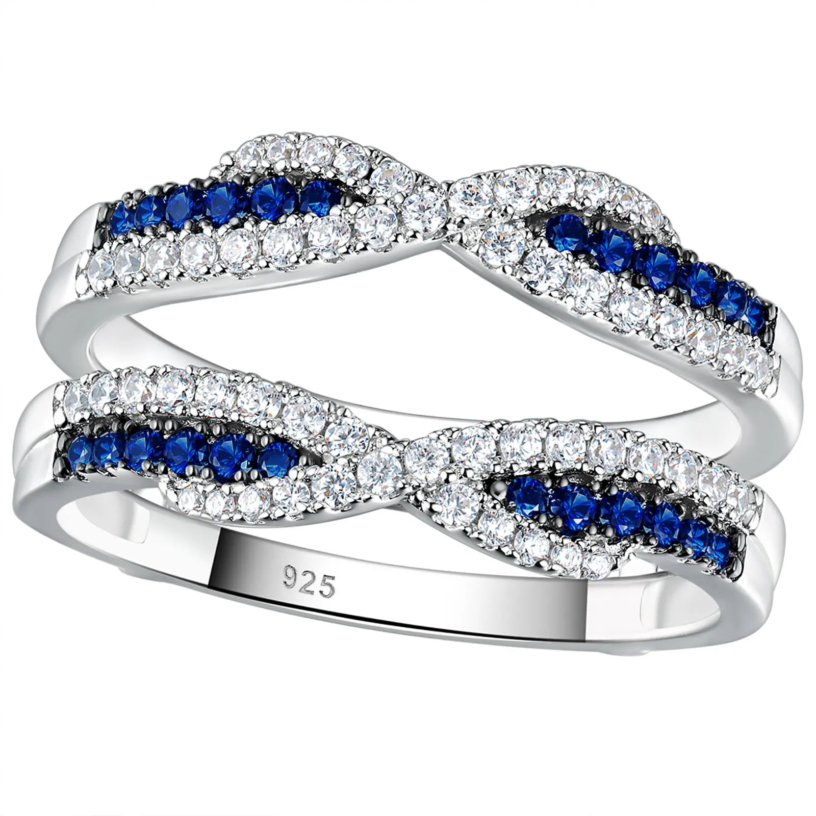 Newshe 925 Sterling Silver Black Blue White 5A Grade Cubic Zircon Wedding Ring Enhancer for Women Twist Rope Design Fine Jewelry