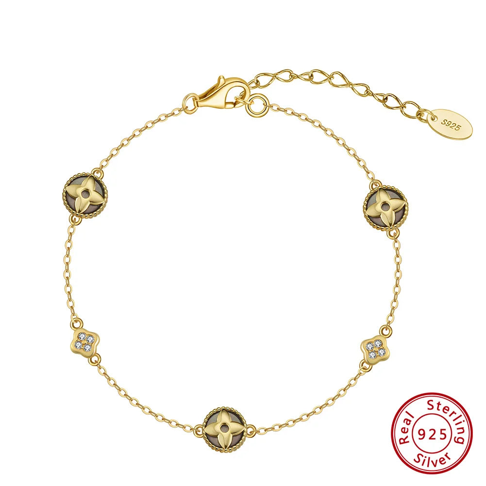 Rinntin 925 Sterling Silver Shell 14K Gold Four Leaf Clover Bracelet Waterproof Flower Bracelets Jewelry for Women Girls Gift
