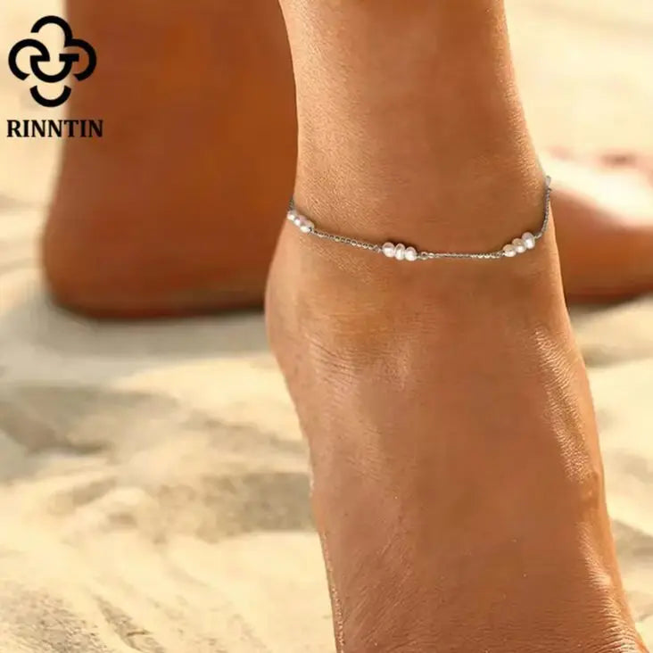 Rinntin 925 Sterling Silver Natural Pearls Anklets for Women Girls Fashion Foot Bracelet Ankle Straps Pearls Summer Jewelry SA36