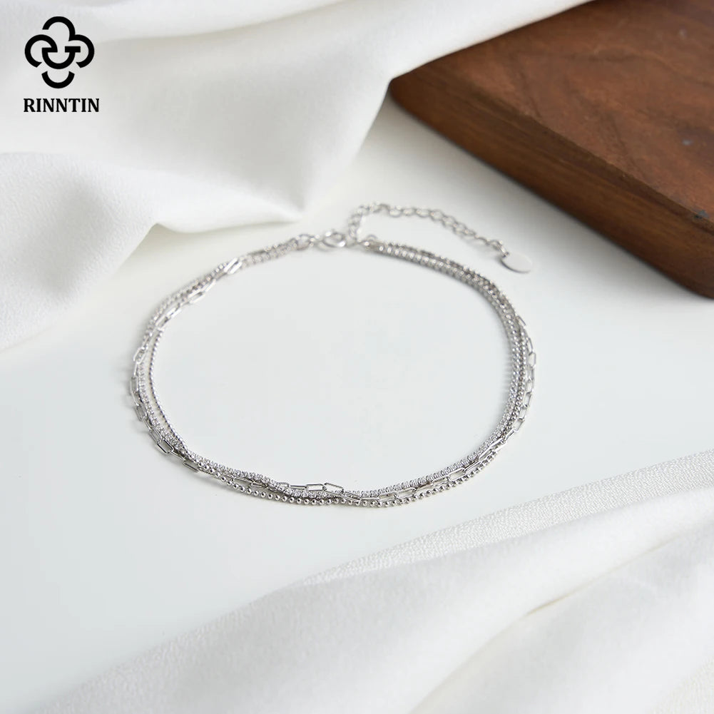 Rinntin 925 Sterling Silver 3 Layered Chain Anklet for Women Girls Summer Sexy Beach Foot Chain Ankle Straps Jewelry SA104