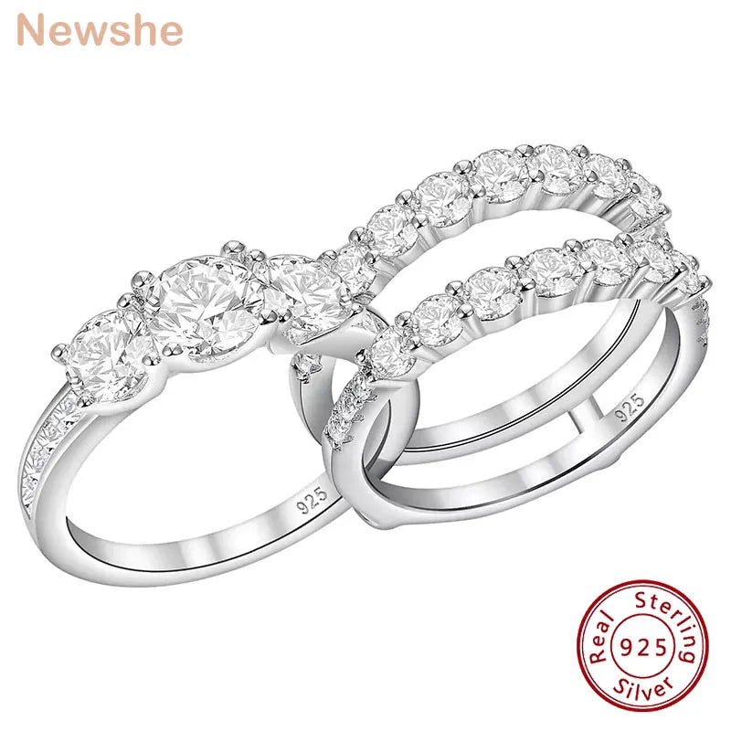 Newshe Solid 925 Sterling Silver Wedding Rings for Women AAAAA Grade Brilliant Round Cubic Zircon Guard Band Jewelry