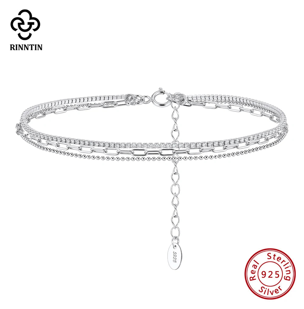 Rinntin 925 Sterling Silver 3 Layered Chain Anklet for Women Girls Summer Sexy Beach Foot Chain Ankle Straps Jewelry SA104