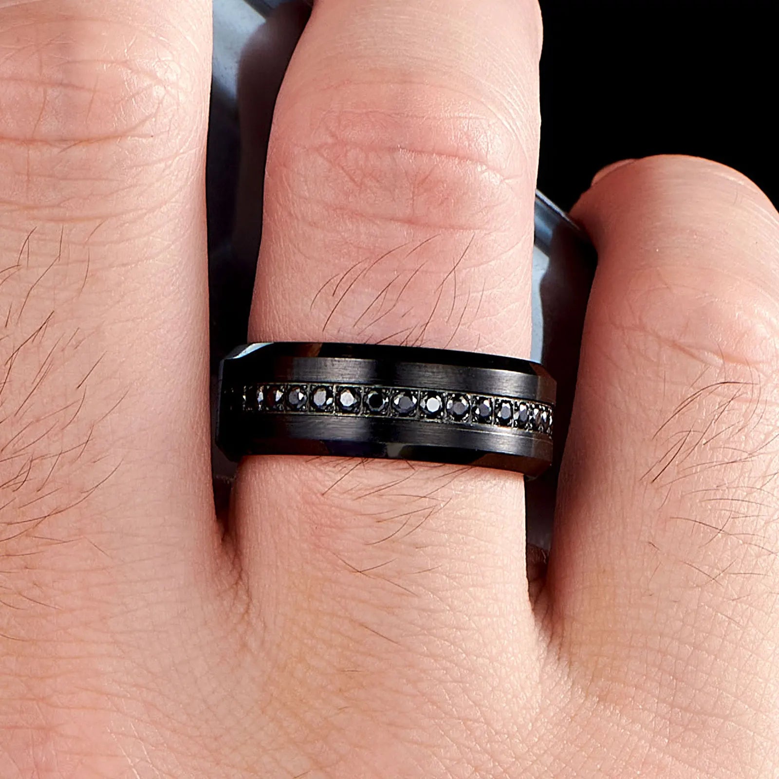 Newshe Black Tungsten Carbide Wedding Rings for Men Half Eternity AAAAA Round Cubic Zircon Charm Jewelry