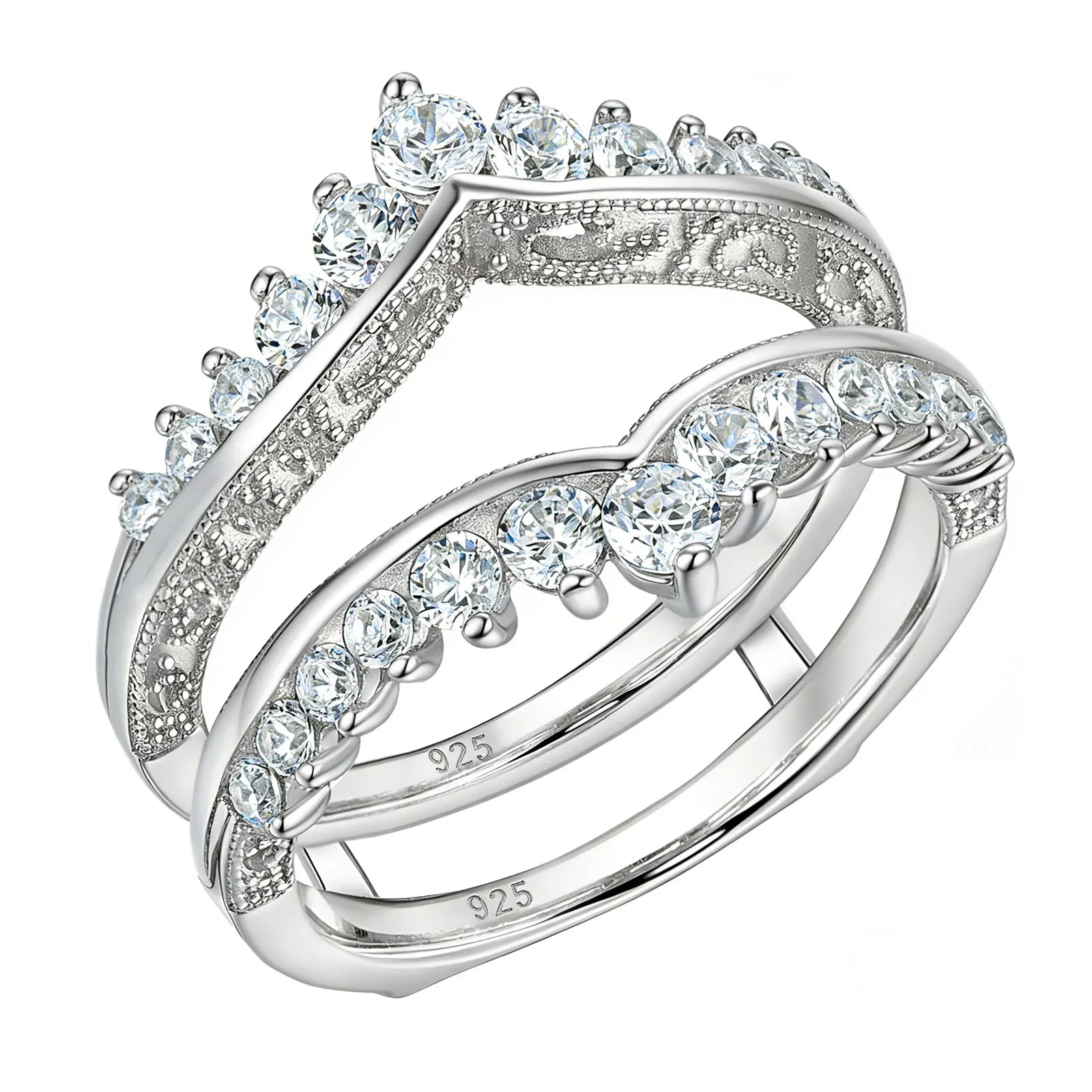 Newshe Luxury Solid 925 Sterling Silver Wedding Engagement Rings for Women High Grade Cubic Zircon Guard Band BR1167