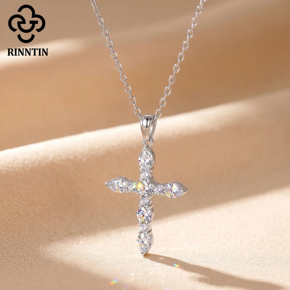 Rinntin Real Moissanite Diamond Cross Pendant 925 Sterling Silver Necklace Party Choker Chain Fine Jewelry Accessories MON16
