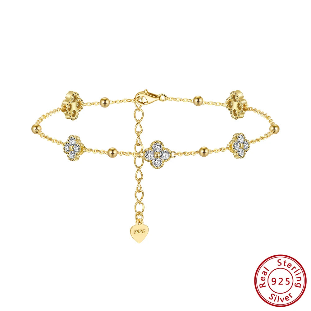 Rinntin 925 Sterling Silver Dainty Clover Bracelet Certified D Color Moissanite Bracelet Women Jewelry Flower Chain Gift SMOB04