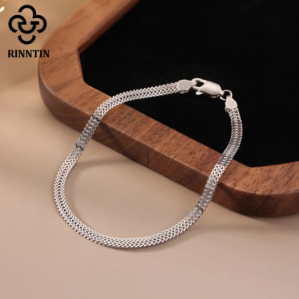 Rinntin 925 Sterling Silver 2.8mm Flat Mesh Chain Bracelets Hight-Quality Bangle Chain Simple Women Men Daily Accessories SB216