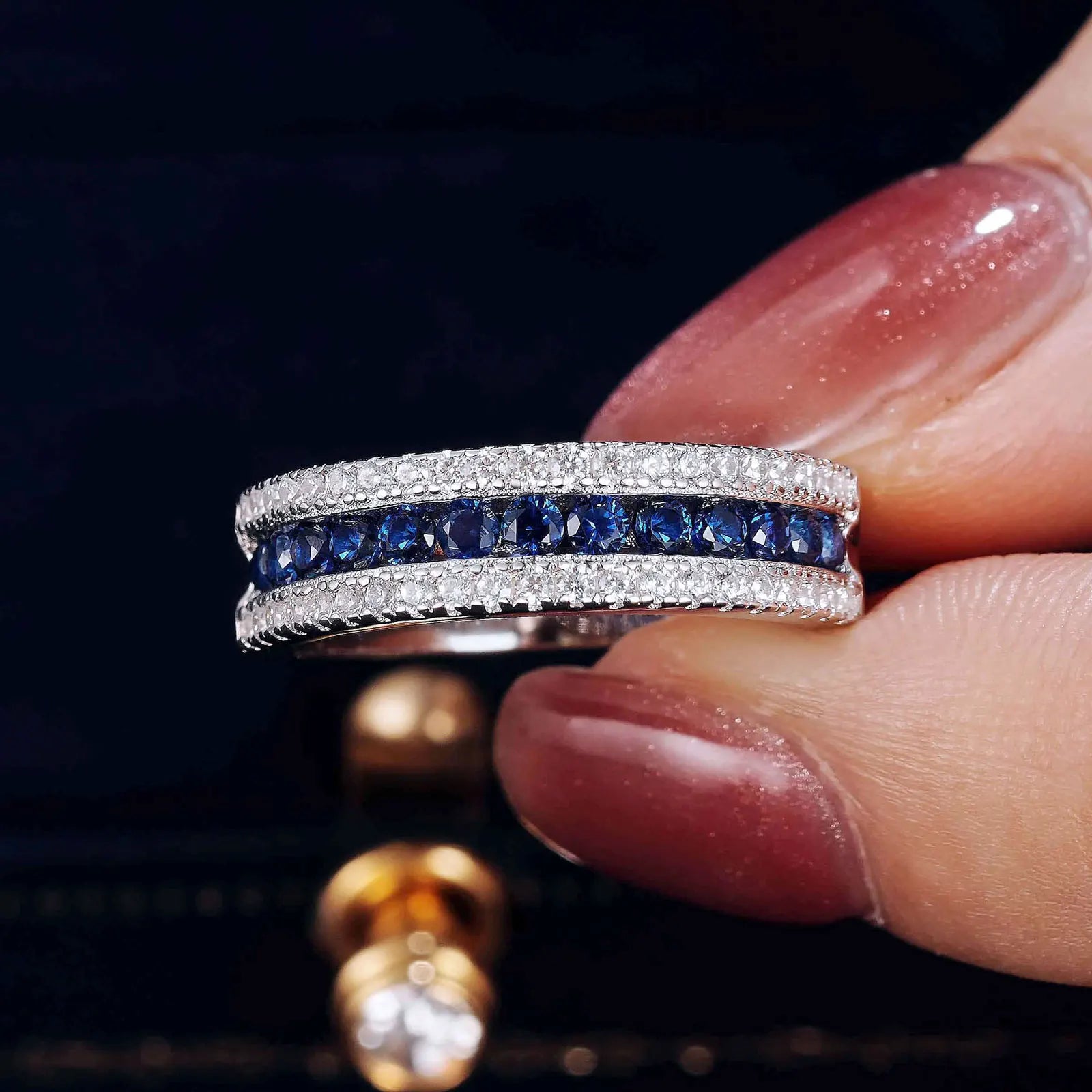 Newshe White and Blue Created Sapphire Rings for Women Half Eternity Wedding Band Cubic Zircon Party Ring