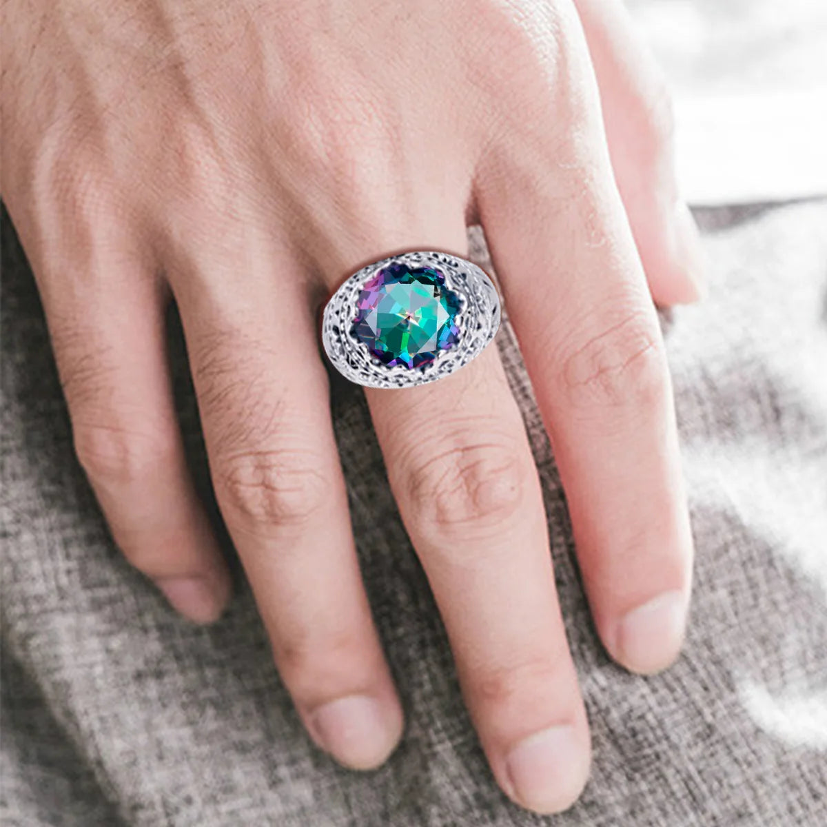 Vintage Rings For Men Genuine 925 Sterling Silver Male Ring 13*13mm Mystic Topaz Round Cut Stone Men's Jewelry Beautiful