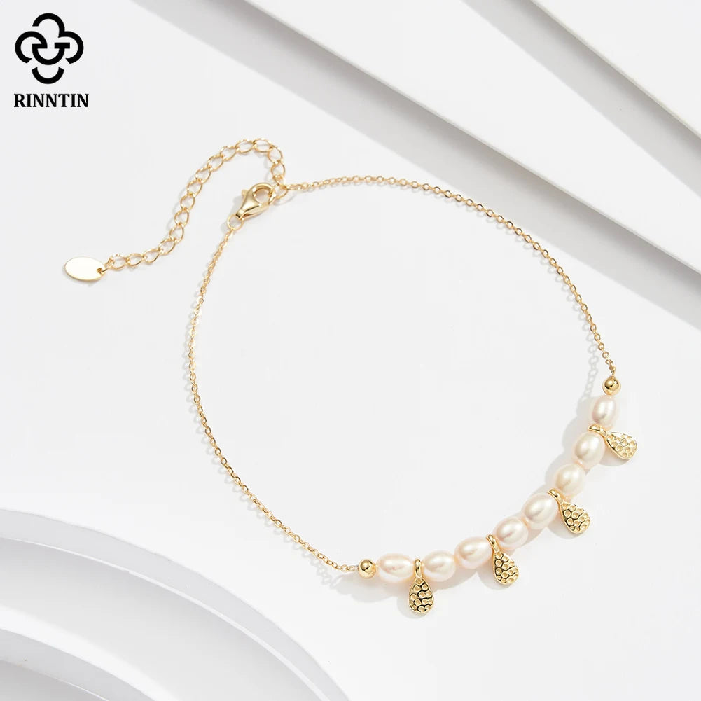Rinntin Genuine 925 Sterling Silver Natural Pearls Chain Anklets for Women Vintage Foot Bracelet Ankle Straps Jewelry SA65