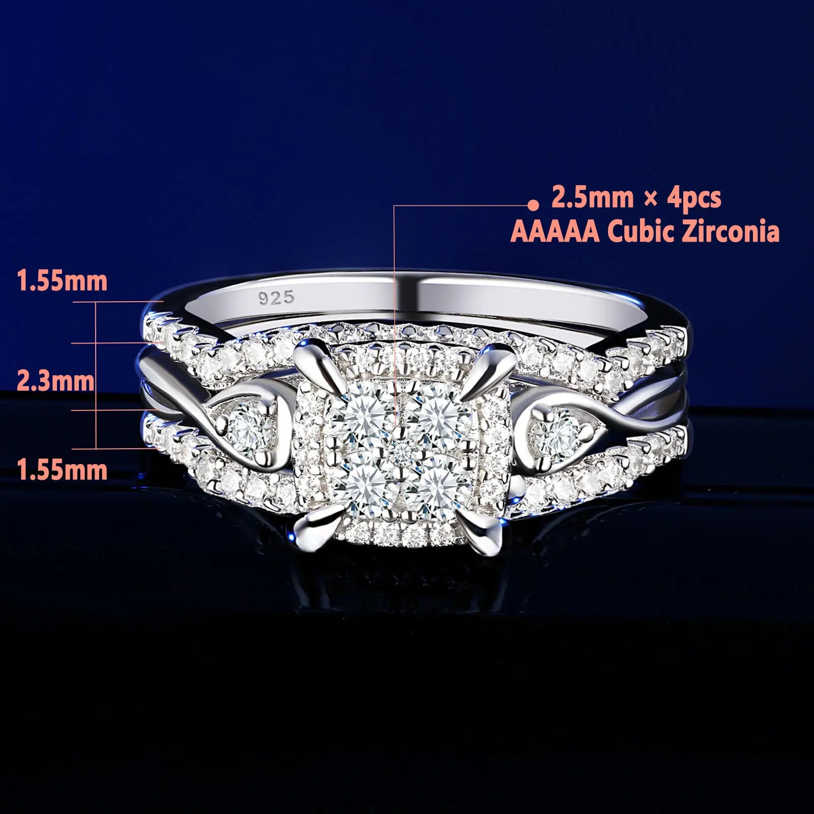 Newshe 2pcs / 3pcs Bridal Rings Set for Women Solid 925 Sterling Silver Engagement Ring Wedding Bands Halo Round Cut 5A Zircons