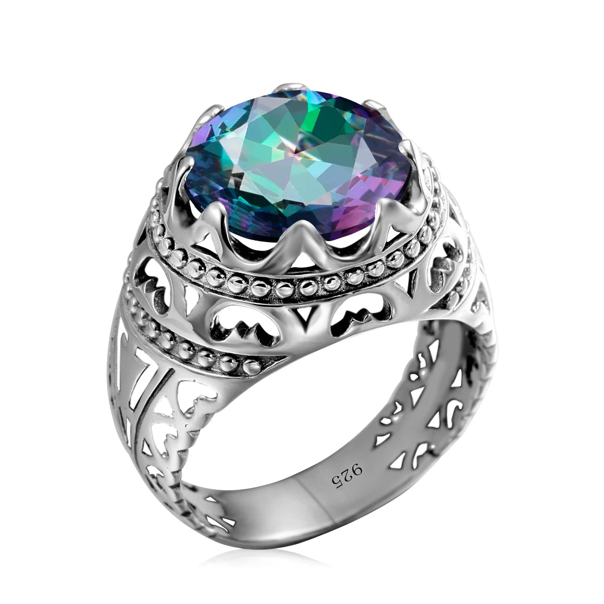 Vintage Rings For Men Genuine 925 Sterling Silver Male Ring 13*13mm Mystic Topaz Round Cut Stone Men's Jewelry Beautiful
